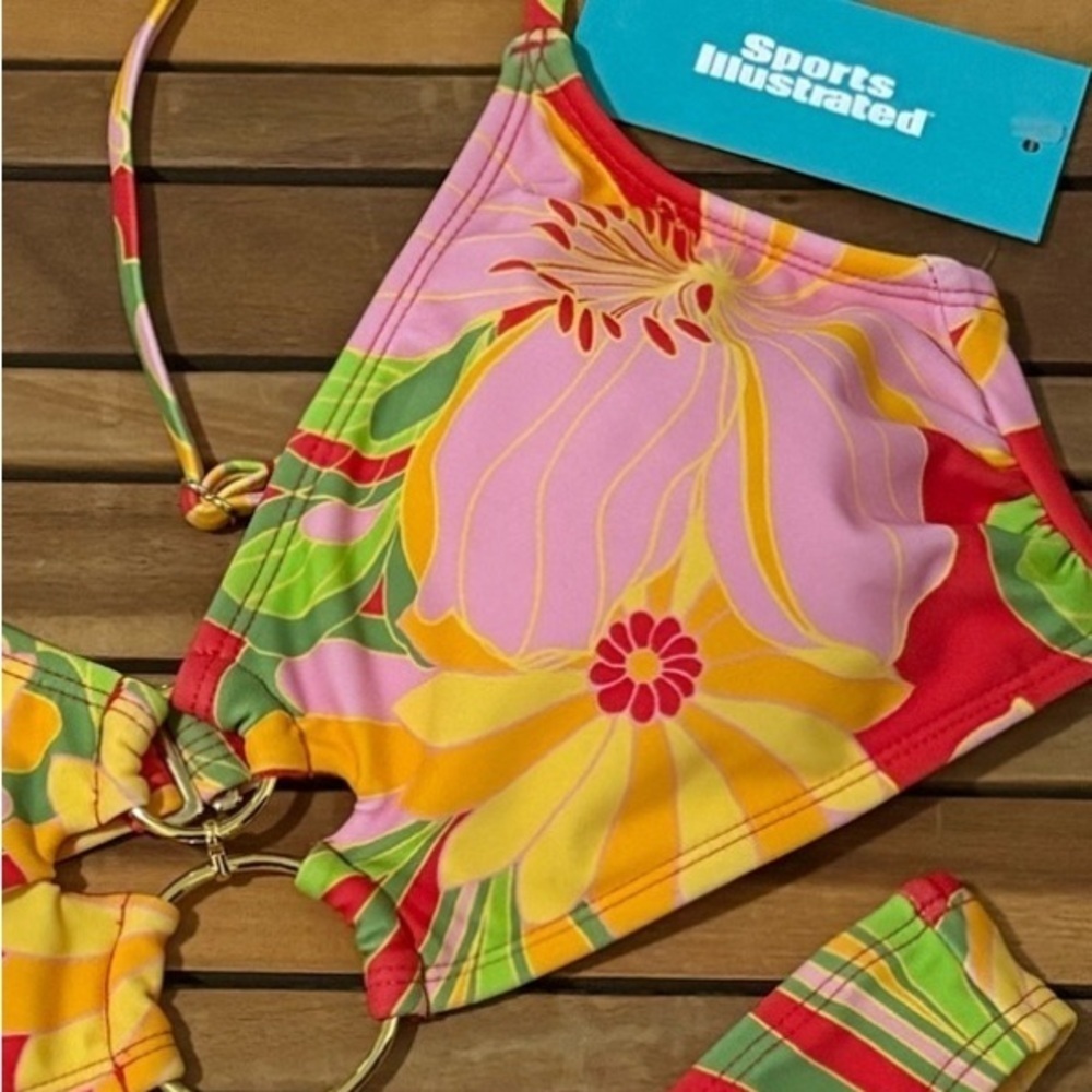 LARGE NWT Sports Illustrated Swim Floral Hawaiiana Bikini Rings Red Yellow Pink - Picture 6 of 6